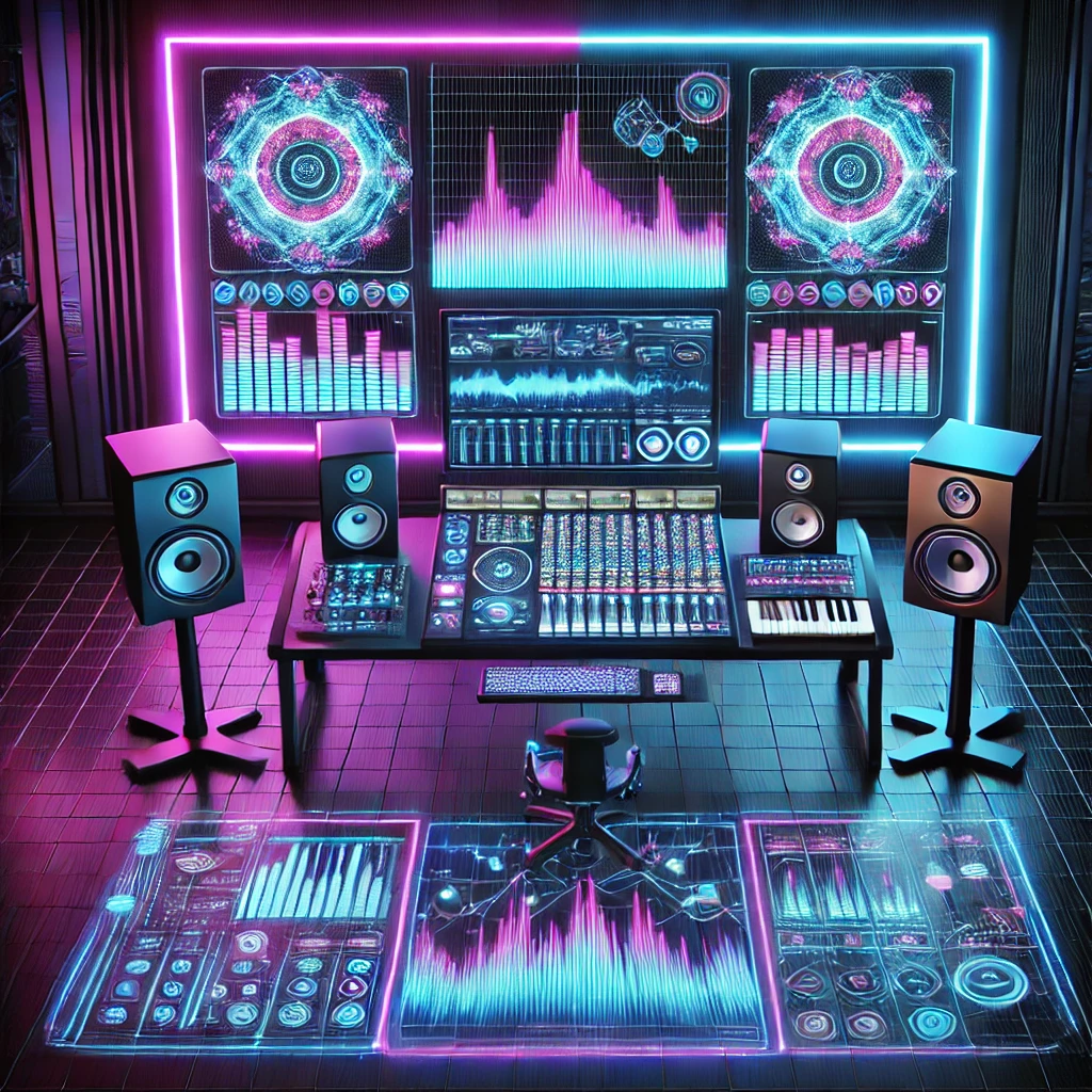 A futuristic recording studio scene, highlighting an AI-driven sound creation interface