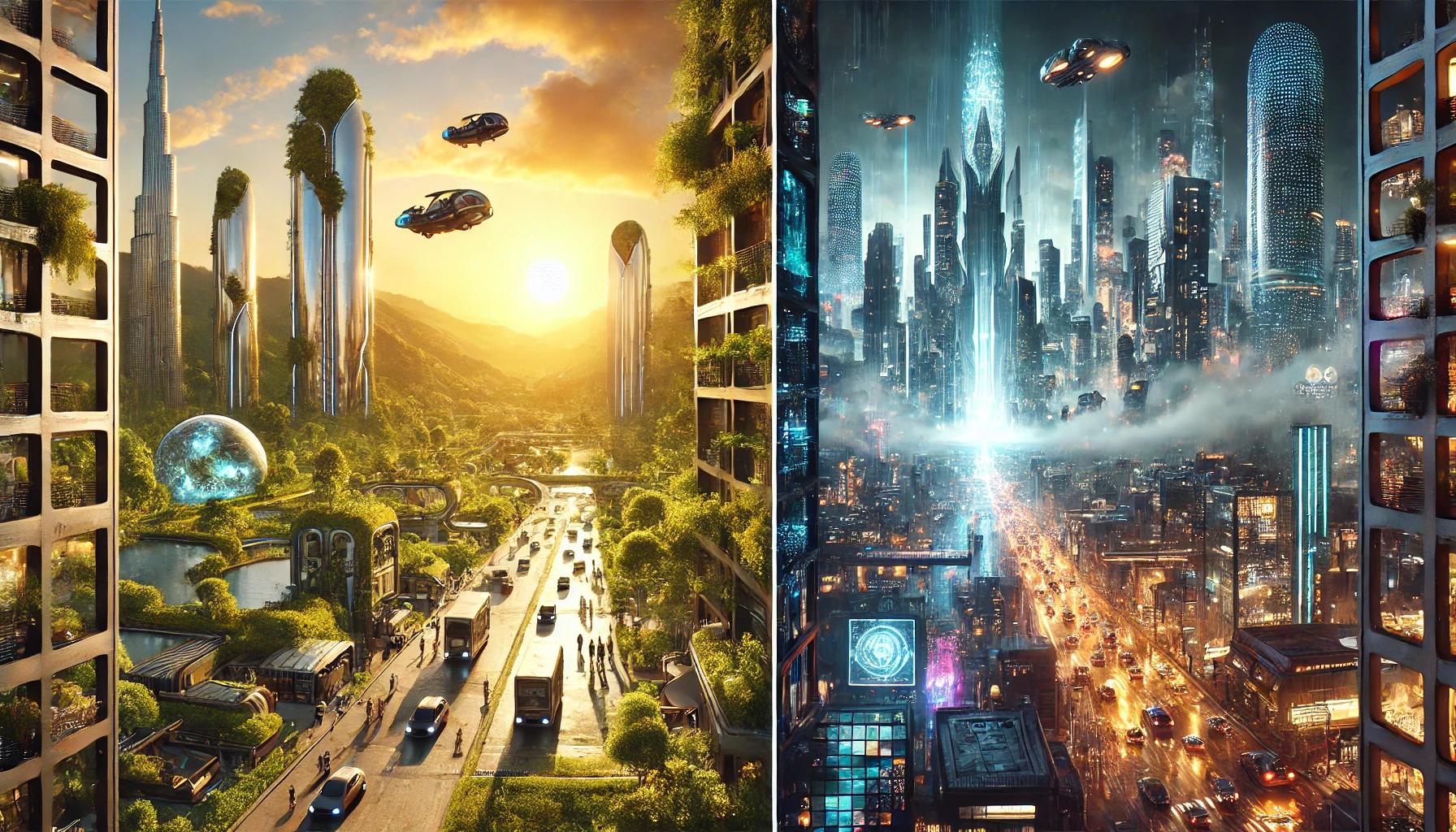 Side-by-side comparison of Midjourney vs. DALL-E 3 outputs showing futuristic cityscapes