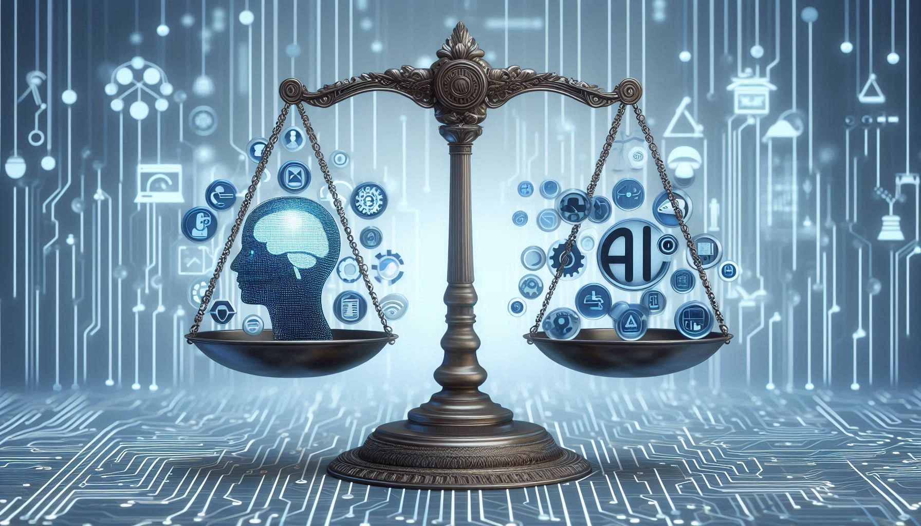 Symbolic representation of AI policy frameworks, illustrating the balance between innovation and regulation 