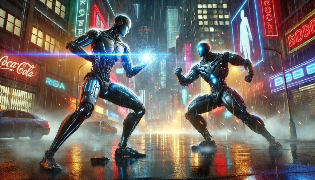 Claude 2 vs GPT-4
A dramatic scene featuring two futuristic AI robots fighting in a neon-lit cyber city at night. The robots are sleek, metallic, and humanoid