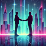 Two stylized figures shaking hands under glowing skyscrapers, depicted in a futuristic neon scene